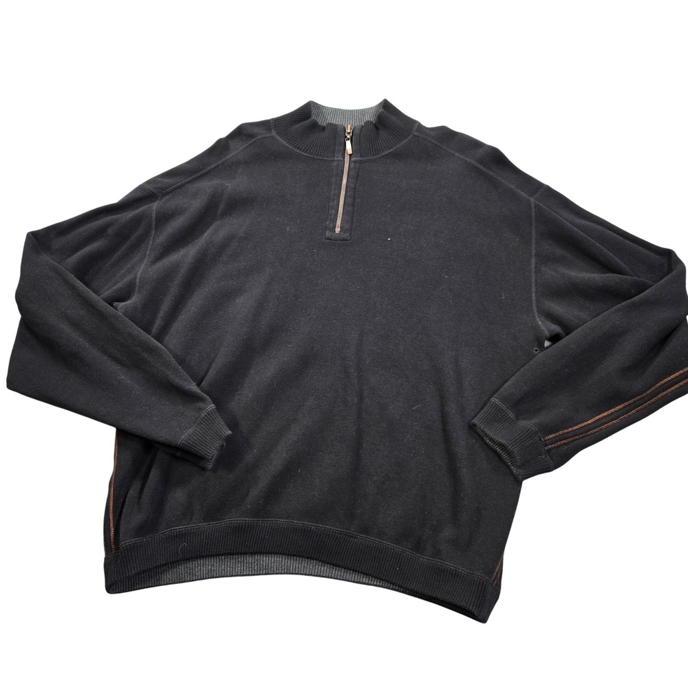Tommy Bahama Sweater Mens XL Black Gray‎ Quarter Zip Reversible Knit Pullover